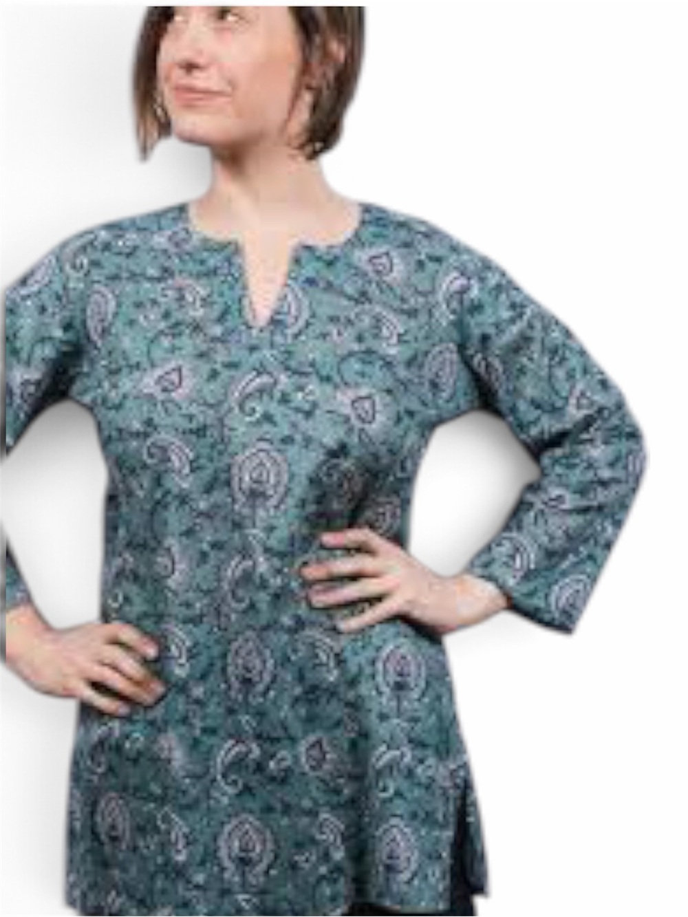 Dolma Boho Blue Paisley Block Print Cotton Tunic Blouse, XL